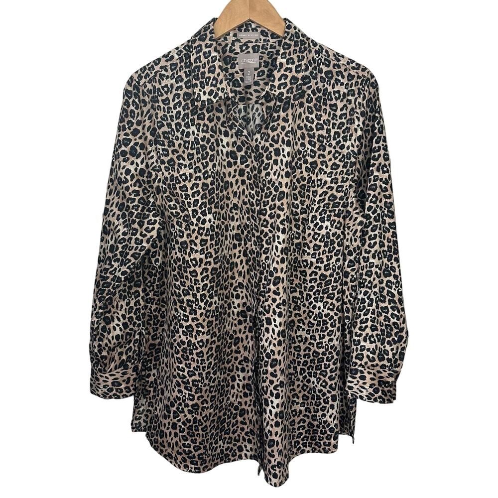 Chico's Leopard Print Top Womens Size 2 Large Button Up Cotton Wrinkle Resistant